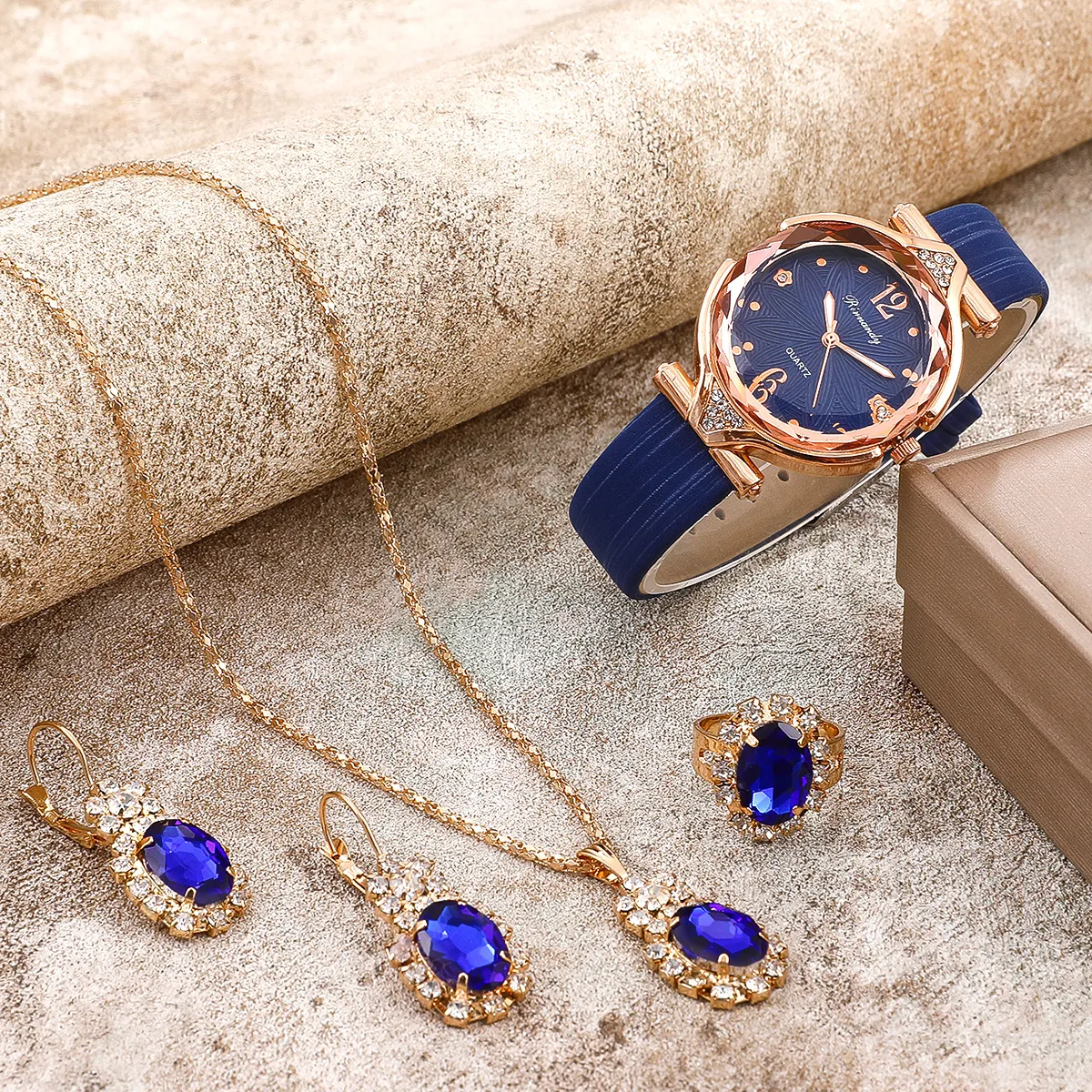 Conjunto de Luxo: Relógio, Colar, Anel e Brincos - Azul